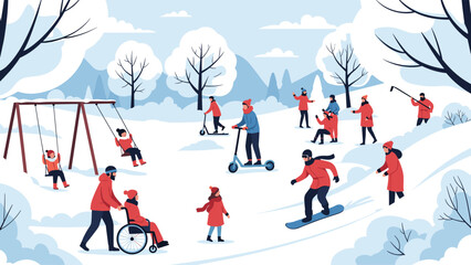 Fototapeta premium Joyful families and children enjoying winter park activities including sledding and swinging in snowy weather.