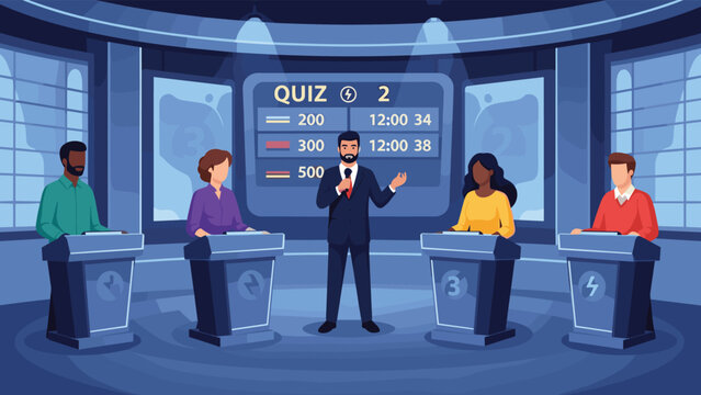 Quiz show television set with professional host and diverse contestants standing at game podiums in studio.