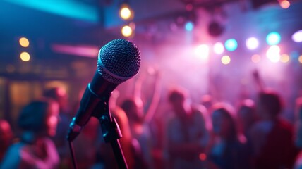 Microphone in focus amid colorful lights and crowd in lively concert venue. Front stage perspective capturing ambient energy and vibrant atmosphere. Neural network AI generated