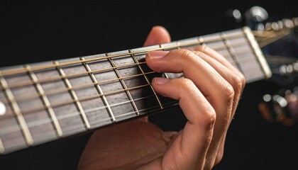 An extreme closeup of a musician's hand and finger pressing a complex chord on the fretboard of an acoustic guitar.