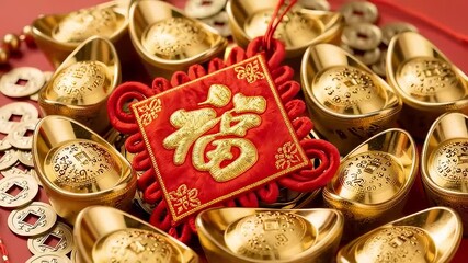 Red Chinese knot Fu ornament with gold sycee and coins