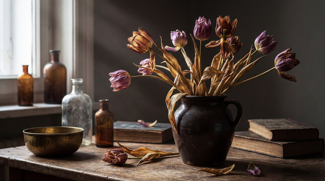 Still life with dried tulips in a vase in a dramatic setting.