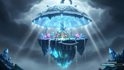 magical floating island, surreal fantasy landscape, ethereal crystal structure, enchanted glowing mushrooms, vibrant colorful vegetation, stormy dramatic sky, digital illustration, cinematic lighting,