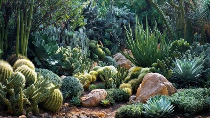 Vibrant cacti collection in sunlit desert garden. Variety of shapes and textures among stones and sand. Warm, natural colors dominate scene. Neural network AI generated