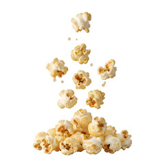 Delicious popped corn kernels falling into a tasty snack pile.