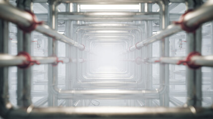Heat exchanger room with pipe grids and metal brackets in a industrial setting