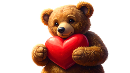Vintage Teddy Bear Holding Heart with Ribbon, hand-crafted style, isolated on transparent background