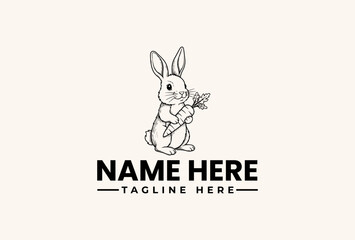 Fototapeta premium Black and white illustration of a rabbit holding a leaf with customizable text for a logo or icon on a plain background.