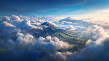 Breathtaking view of mountain peaks piercing through dense clouds, bathed in warm sunrise light. Soft pastel tones dominate sky, creating serene atmosphere. Neural network AI generated