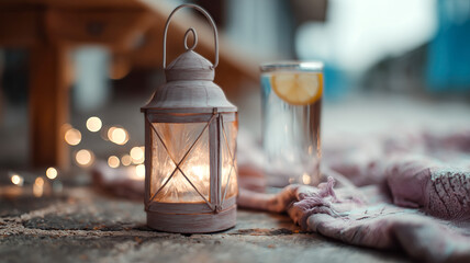 Soft glow of an old lantern, a refreshing glass of water with lemon, and a cozy blanket create a tranquil, peaceful atmosphere.
