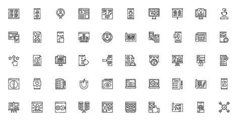 User Experience icon set. UX/UI vector icons pack. Includes sticky note, wireframe, prototyping, testing, feedback, analysis, and more. Minimal linear editable vector.