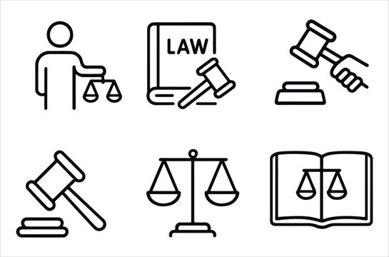 line icons depicting law and justice symbols and tools