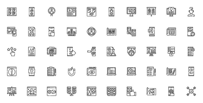 User Experience icon set. UX/UI vector icons pack. Includes sticky note, wireframe, prototyping, testing, feedback, analysis, and more. Minimal linear editable vector.