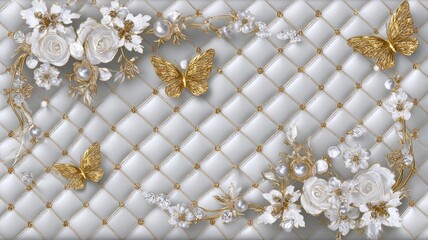 Elegant gold butterflies rest on luxurious white quilted backdrop, adorned with delicate floral motifs. Intricate details create sense of opulence and grace. Neural network AI generated