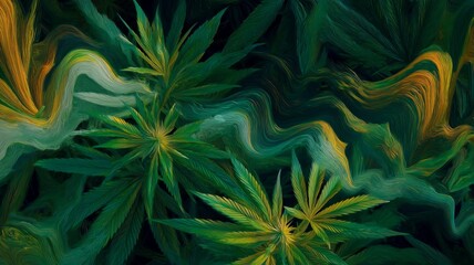 Dense green plants against swirling abstract patterns create vibrant organic aesthetics. Rich mix of textures and tones evokes movement and depth. Neural network AI generated