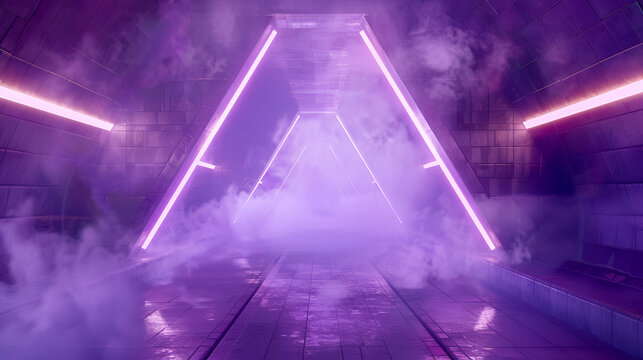 Futuristic purple tunnel with neon lights and fog effect