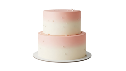 Elegant two-tiered cake with pink ombre frosting and pearl accents isolated PNG, celebration dessert for birthdays and weddings on transparent background