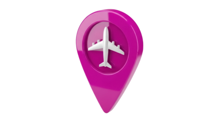Magenta location pin with airplane isolated PNG, travel destination marker for maps and navigation on transparent background