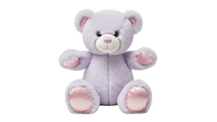 Adorable lavender teddy bear isolated PNG on transparent background, cute plush toy for kids and collectors, soft and cuddly animal