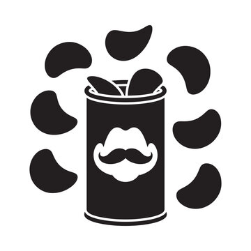 Pringles can with chips and a mustache illustration in black and white