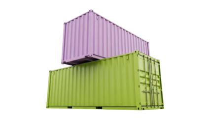 Stacked shipping containers PNG isolated on transparent background, green and purple cargo containers for logistics and transportation