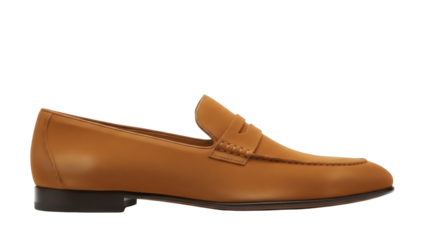 Tan leather penny loafer isolated PNG, classic slip-on shoe for men s fashion and formal wear on transparent background