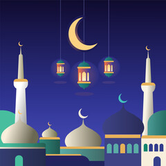 A serene Ramadan night cityscape vector illustration featuring modern flat-style mosque domes, towering minarets, a glowing crescent moon, and hanging decorative lanterns under a starry sky.