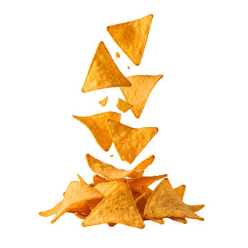 Crispy triangular corn tortilla chips falling into a delicious pile.