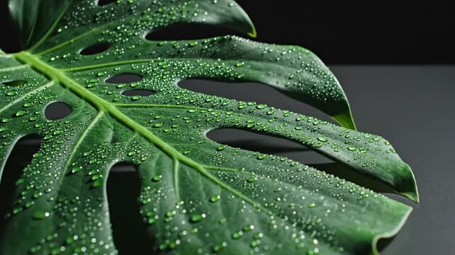 Monstera Deliciosa Leaf Showcasing Fresh Water Droplets In A Close-Up Composition