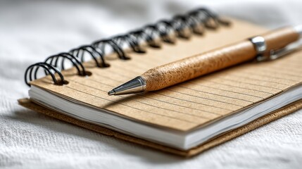 Fototapeta premium Notebook and Pen on White Fabric A Study in Simplicity.