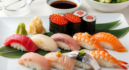 Assorted sushi and maki rolls on a white square plate