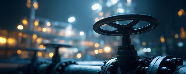 Pipeline junction with illuminated skylight and blurred valve wheel in the foreground with industrial setting at night