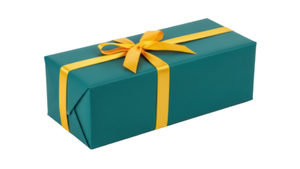 Rectangular teal gift box with yellow ribbon isolated on transparent background, present for birthday or Christmas celebration PNG
