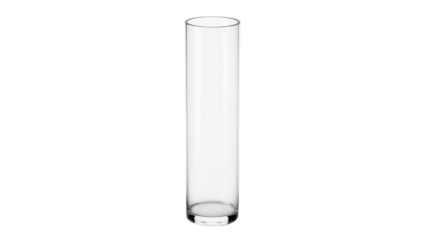Tall clear glass vase isolated PNG on transparent background, modern cylindrical flower container for floral arrangements and home decor