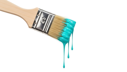 Paint brush with turquoise paint dripping isolated PNG, painting tool for creative projects and home improvement on transparent background