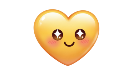 Adorable yellow heart emoji PNG isolated on transparent background, cute cartoon face with sparkling eyes for social media and design use