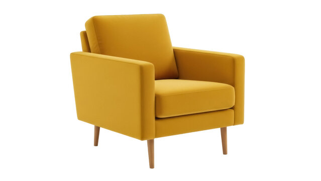 Modern mustard yellow armchair isolated PNG on transparent background, contemporary living room furniture for interior design and home decor