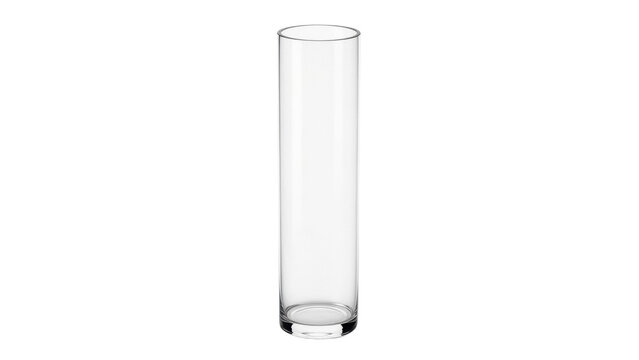 Tall clear glass vase isolated PNG on transparent background, modern cylindrical flower container for floral arrangements and home decor