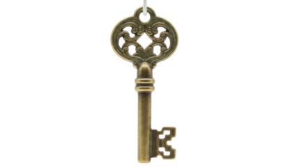 Ornate antique key isolated PNG on transparent background, vintage golden skeleton key for design elements and historical concepts
