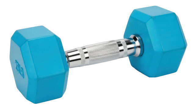 Light blue dumbbell isolated PNG, fitness equipment for strength training and exercise on transparent background, weightlifting tool