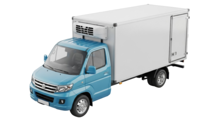 Light blue refrigerated truck PNG isolated on transparent background, commercial vehicle for frozen food delivery and transportation