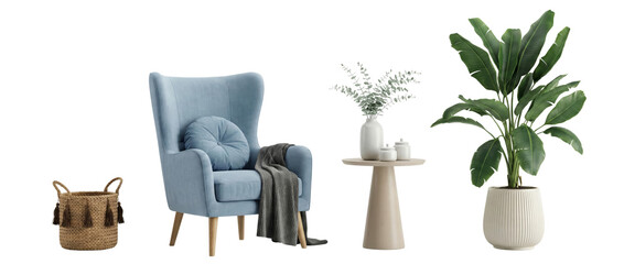 Cozy Living Room Elements: Blue Armchair, Side Table, Plant, and Basket