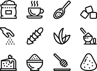 Cooking and Food Ingredients Line Icons Set Featuring Sugar, Coffee, Spices, Herbs, Honey, Salt and Kitchen Preparation Symbols for Culinary Design Vector
