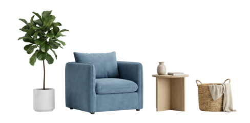 Modern Living Room Furniture Arrangement: Blue Armchair, Side Table, Basket, Potted Plant