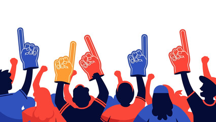 Crowd cheering with foam fingers raised in support of a team or event celebrating victory and excitement