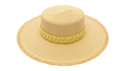 Elegant straw sun hat with braided band isolated PNG, fashionable summer headwear for beach vacation and sun protection on transparent background