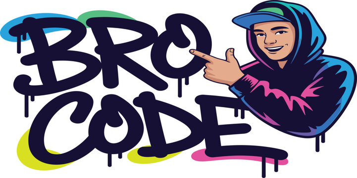 Graffiti Bro Code Street Art Typography with Hoodie Character Illustration for Urban Branding, Stickers, Posters, Apparel, and Modern Digital Designs