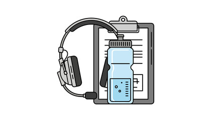 Isolated Athletic Training Equipment Includes Clipboard Water Bottle and Headphones For Coaching And Sports Planning