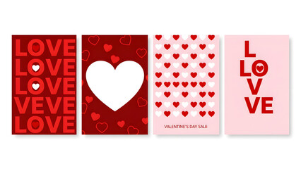 Valentine’s Day love card templates set, red heart typography posters design, romantic sale greeting backgrounds for marketing celebration concepts © SHARMIN