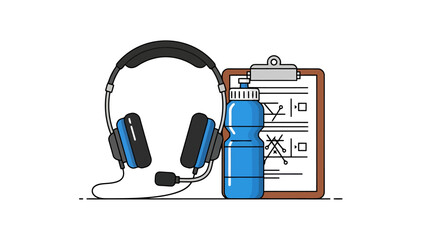 Sports Coach Equipment Headphones Clipboard Water Bottle Strategy Plan Whiteboard Isolated White Background
